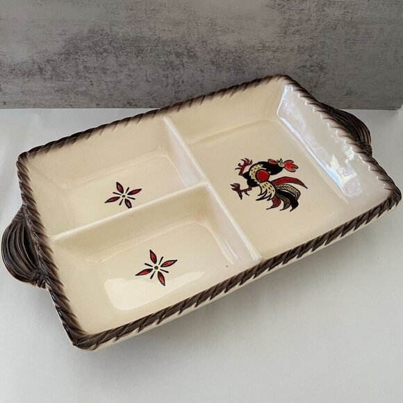 Metlox Vintage Poppytrail Red Rooster 3-Section Divided Ceramic Serving Dish USA - Picture 1 of 13